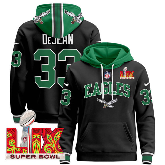 Men's Black Philadelphia Eagles #33 Cooper DeJean 2025 Super Bowl LIX Patch Pullover Stitched Hoodie